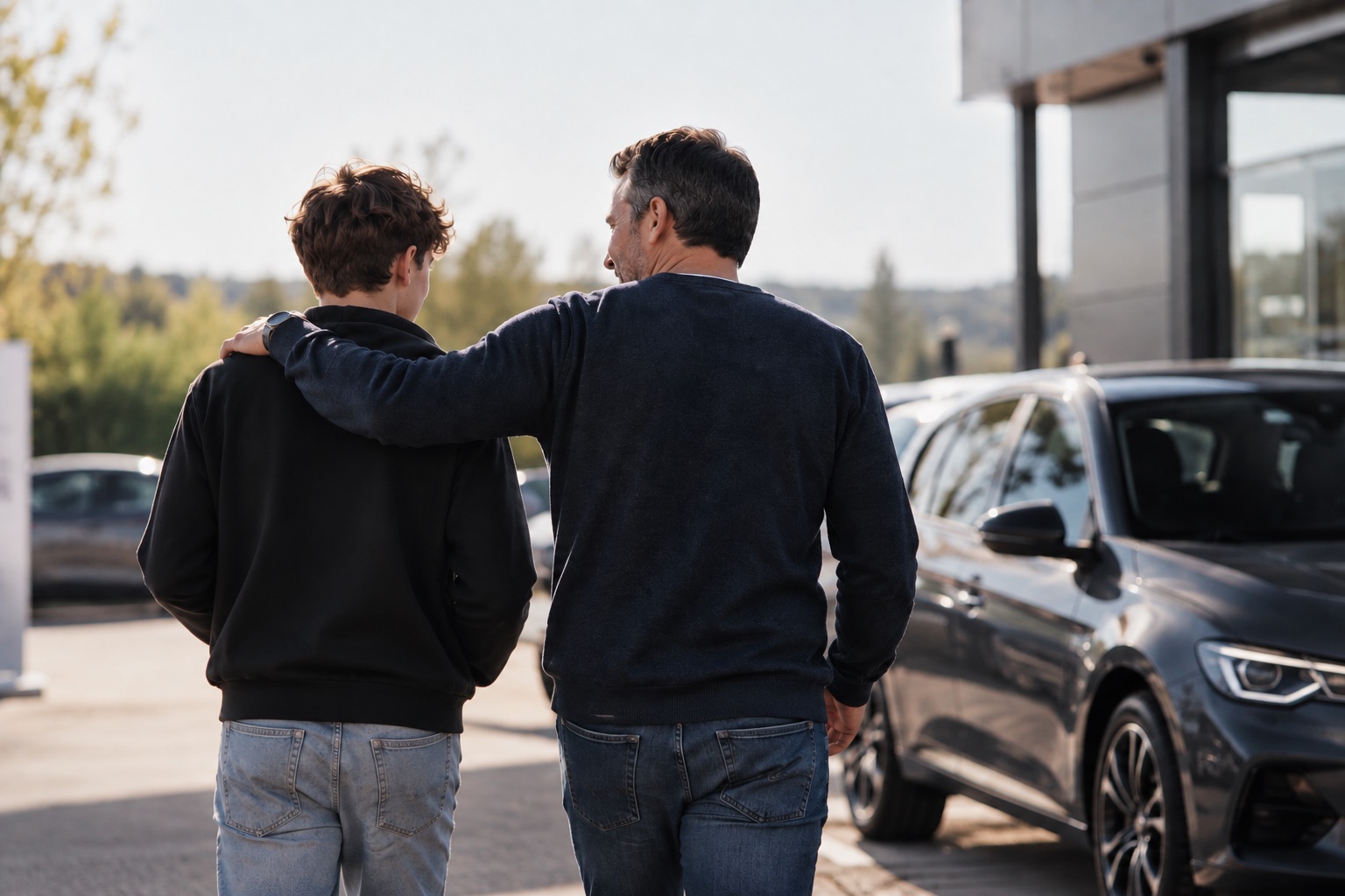 Un père et son fils adolescent de dos devant des voitures